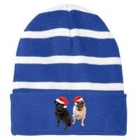 Cute Pugs Santa Hats Funny Dog Portrait Image Christmas Pug Gift Striped Beanie with Solid Band