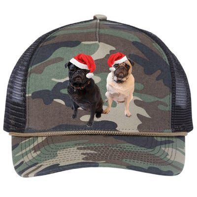 Cute Pugs Santa Hats Funny Dog Portrait Image Christmas Pug Gift Retro Rope Trucker Hat Cap