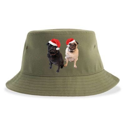 Cute Pugs Santa Hats Funny Dog Portrait Image Christmas Pug Gift Sustainable Bucket Hat