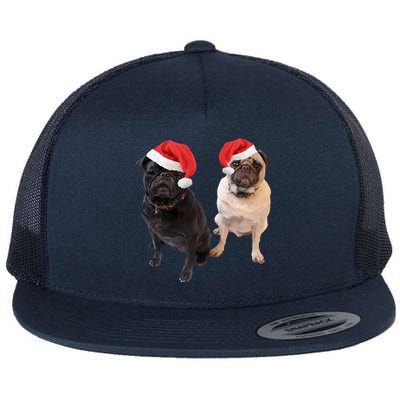 Cute Pugs Santa Hats Funny Dog Portrait Image Christmas Pug Gift Flat Bill Trucker Hat