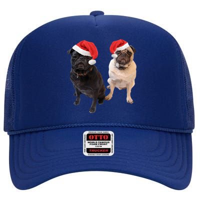 Cute Pugs Santa Hats Funny Dog Portrait Image Christmas Pug Gift High Crown Mesh Back Trucker Hat