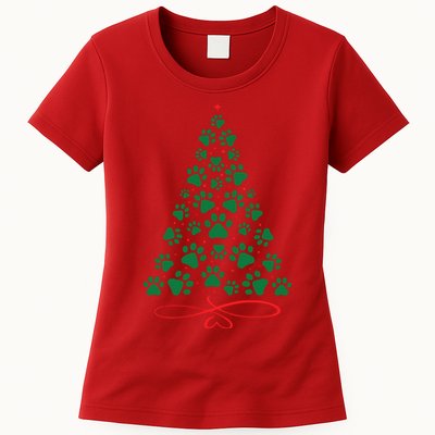 Christmas Paw Tree Christmas Dog Paw Christmas Tree Womens T-Shirt