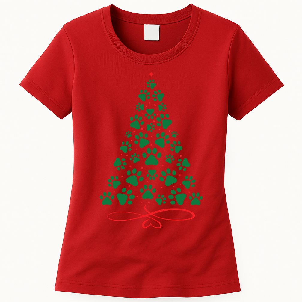 Christmas Paw Tree Christmas Dog Paw Christmas Tree Womens T-Shirt