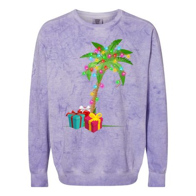 Christmas Palm Tree Coconut Lights Beach Hawaii Xmas Gifts Long Sleeve Colorblast Crewneck Sweatshirt