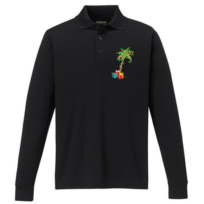 Christmas Palm Tree Coconut Lights Beach Hawaii Xmas Gifts Long Sleeve Performance Long Sleeve Polo