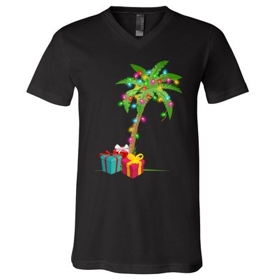 Christmas Palm Tree Coconut Lights Beach Hawaii Xmas Gifts Long Sleeve V-Neck T-Shirt