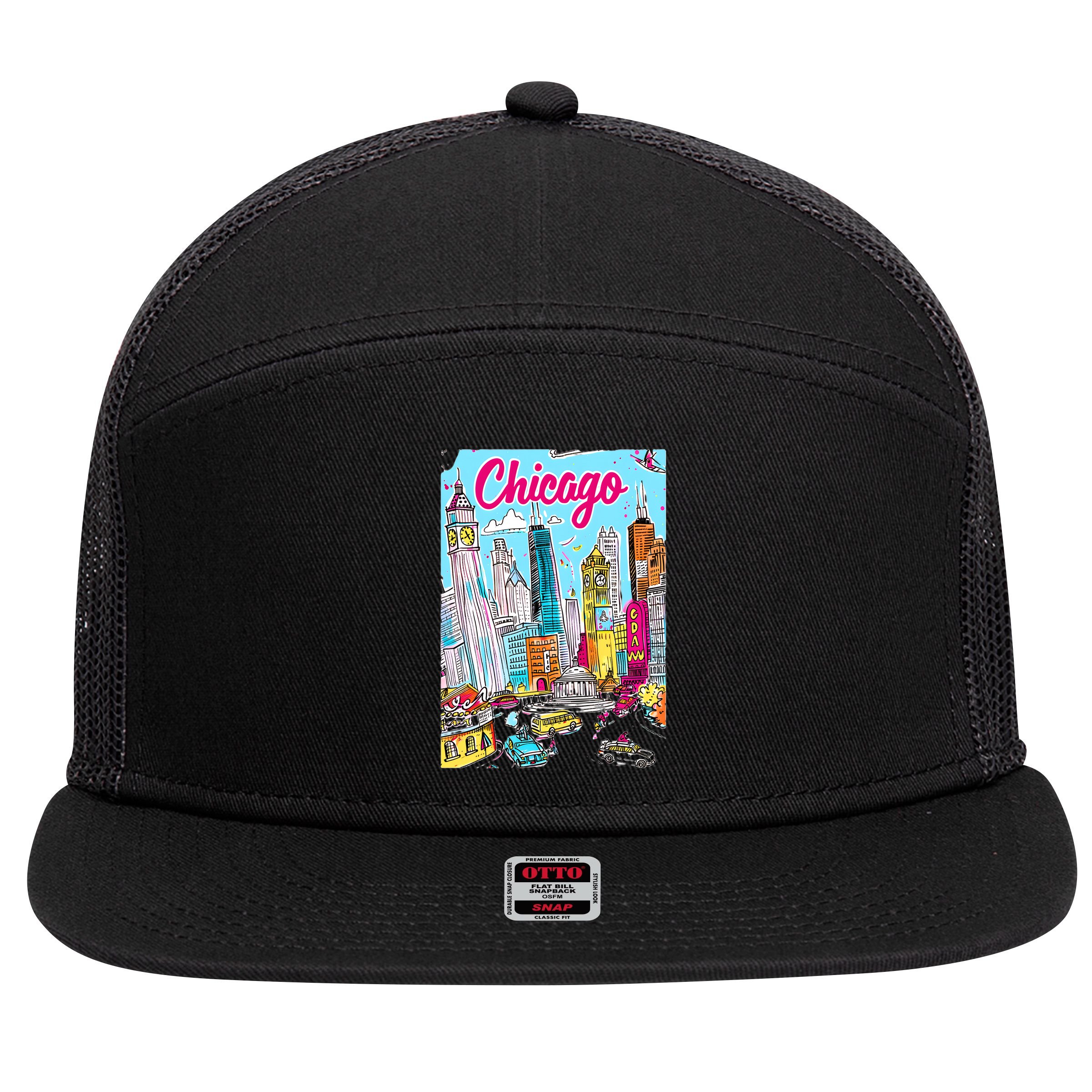 Chicago Preppy Travel Design 7 Panel Mesh Trucker Snapback Hat
