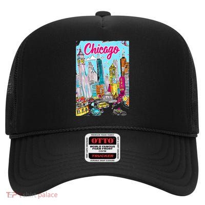 Chicago Preppy Travel Design High Crown Mesh Back Trucker Hat