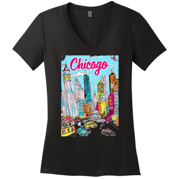 Chicago Preppy Travel Design Women's V-Neck T-Shirt