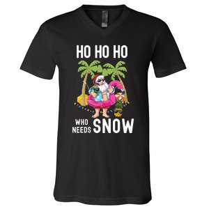 Christmas Palm Tree Santa Surfing Summer Beach Vacation V-Neck T-Shirt