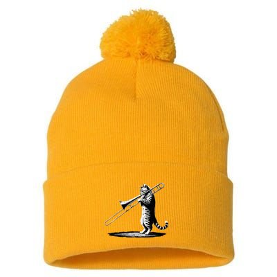 Cat Playing Trombone Player Trombonist Instrument Pom Pom 12in Knit Beanie