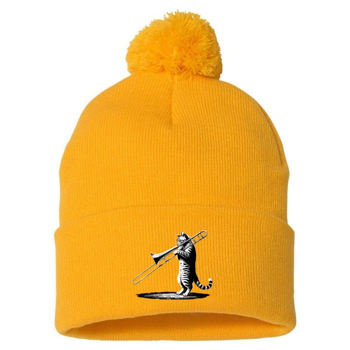 Cat Playing Trombone Player Trombonist Instrument Pom Pom 12in Knit Beanie