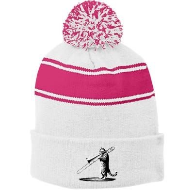 Cat Playing Trombone Player Trombonist Instrument Stripe Pom Pom Beanie