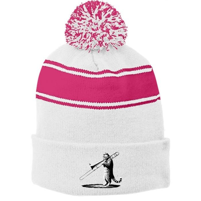 Cat Playing Trombone Player Trombonist Instrument Stripe Pom Pom Beanie