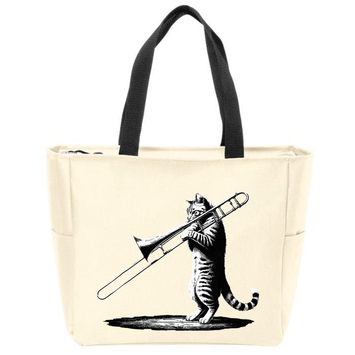 Cat Playing Trombone Player Trombonist Instrument Zip Tote Bag