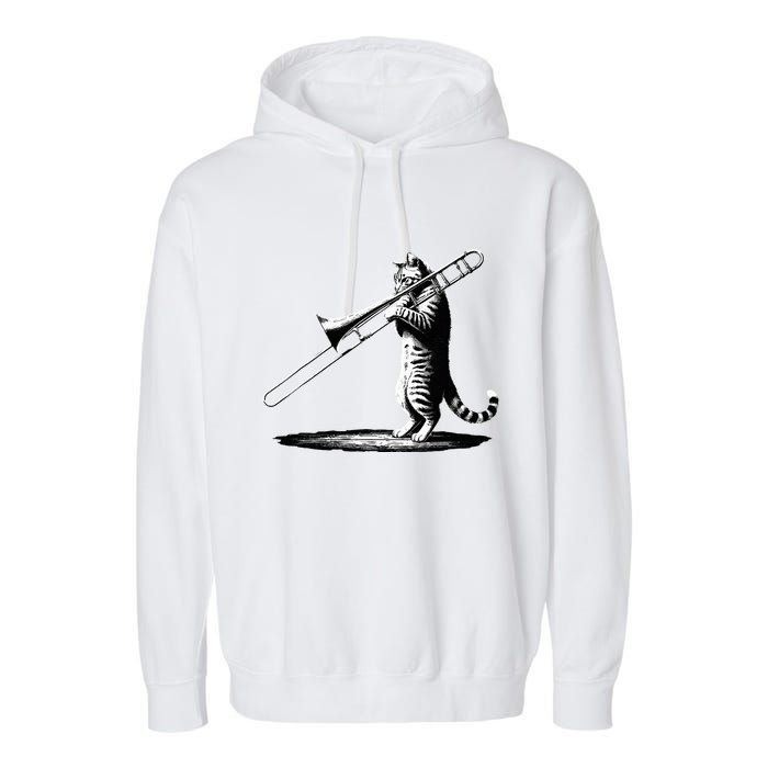 Cat Playing Trombone Player Trombonist Instrument Garment-Dyed Fleece Hoodie