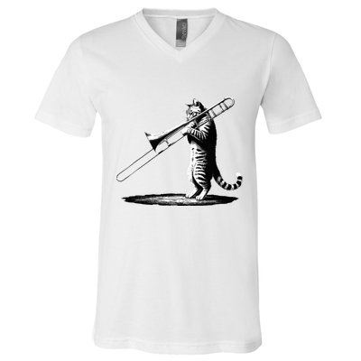 Cat Playing Trombone Player Trombonist Instrument V-Neck T-Shirt