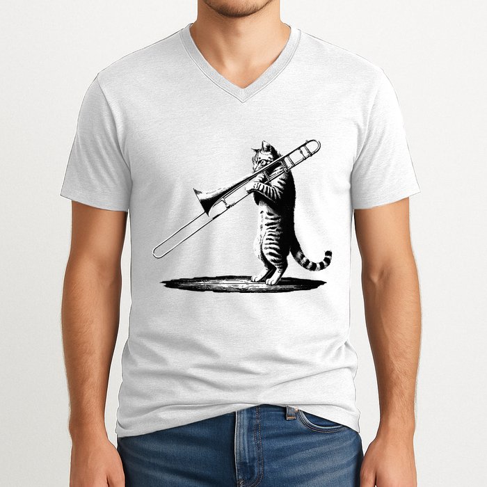 Cat Playing Trombone Player Trombonist Instrument V-Neck T-Shirt
