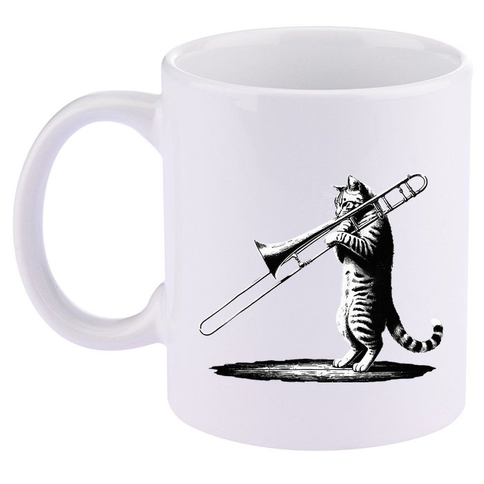Cat Playing Trombone Player Trombonist Instrument 11oz C Handle Ceramic Mug
