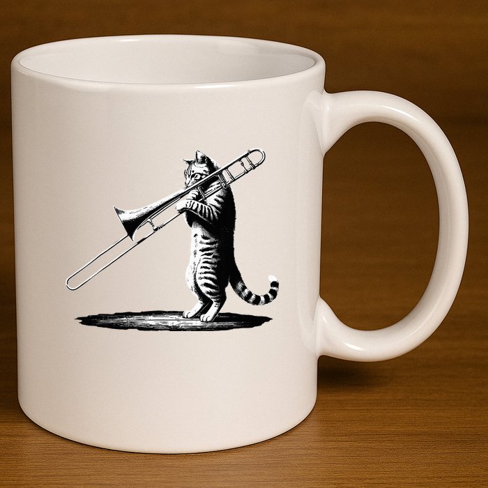 Cat Playing Trombone Player Trombonist Instrument 11oz C Handle Ceramic Mug