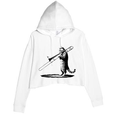 Cat Playing Trombone Player Trombonist Instrument Crop Fleece Hoodie