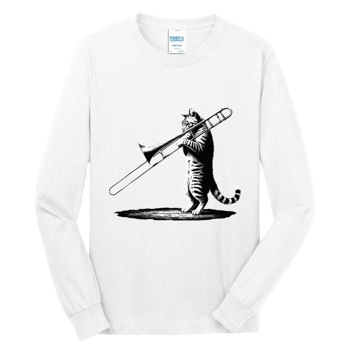 Cat Playing Trombone Player Trombonist Instrument Tall Long Sleeve T-Shirt