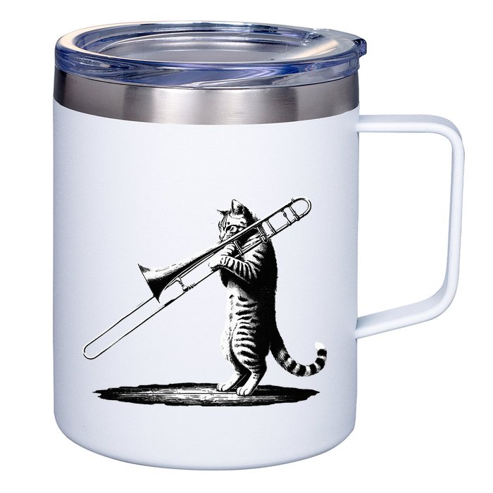 Cat Playing Trombone Player Trombonist Instrument 12oz Stainless Steel Coffee Mug