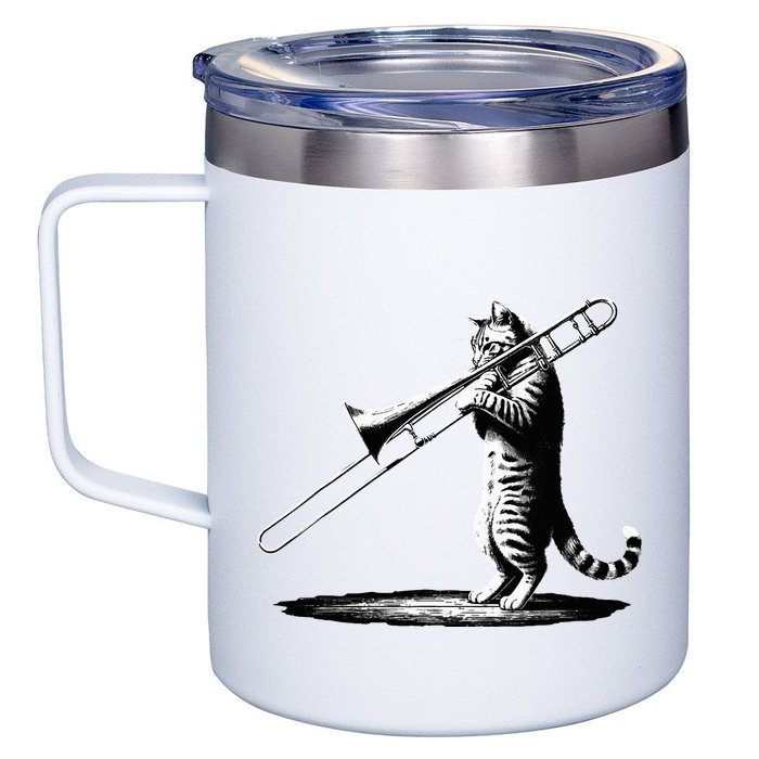 Cat Playing Trombone Player Trombonist Instrument 12oz Stainless Steel Coffee Mug