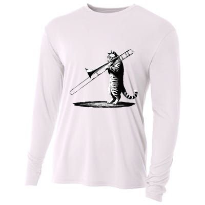 Cat Playing Trombone Player Trombonist Instrument Cooling Performance Long Sleeve Crew