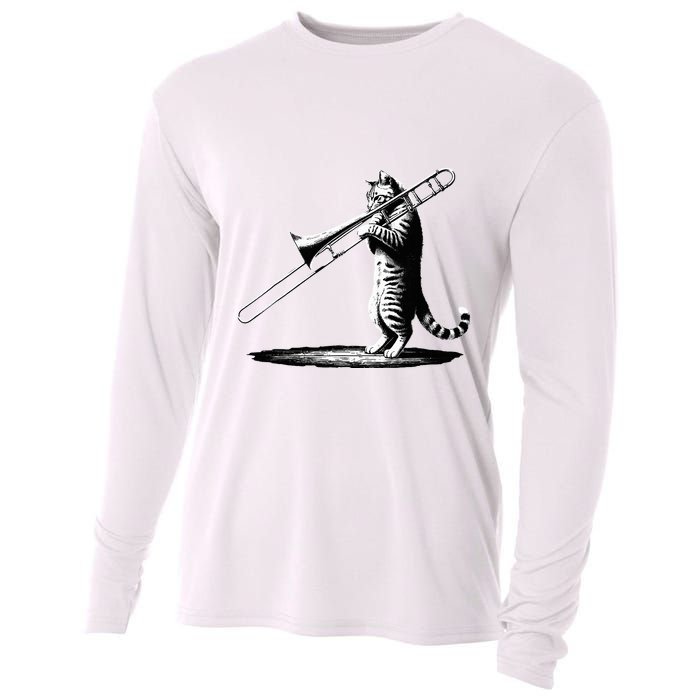 Cat Playing Trombone Player Trombonist Instrument Cooling Performance Long Sleeve Crew