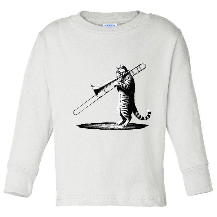 Cat Playing Trombone Player Trombonist Instrument Toddler Long Sleeve Shirt