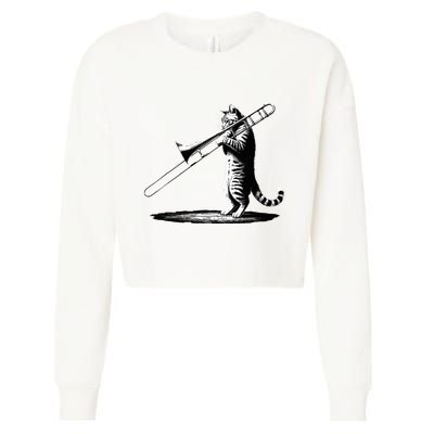 Cat Playing Trombone Player Trombonist Instrument Cropped Pullover Crew