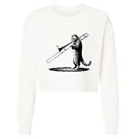 Cat Playing Trombone Player Trombonist Instrument Cropped Pullover Crew