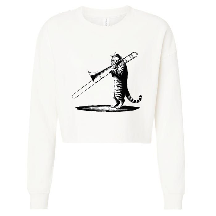 Cat Playing Trombone Player Trombonist Instrument Cropped Pullover Crew