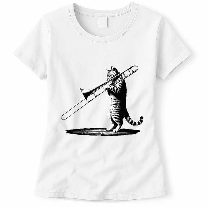 Cat Playing Trombone Player Trombonist Instrument Womens T-Shirt