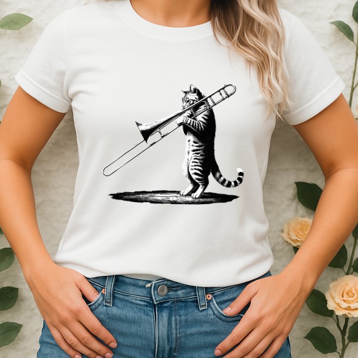Cat Playing Trombone Player Trombonist Instrument Womens T-Shirt