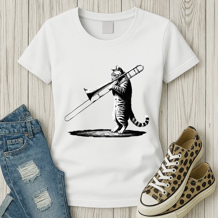 Cat Playing Trombone Player Trombonist Instrument Womens T-Shirt