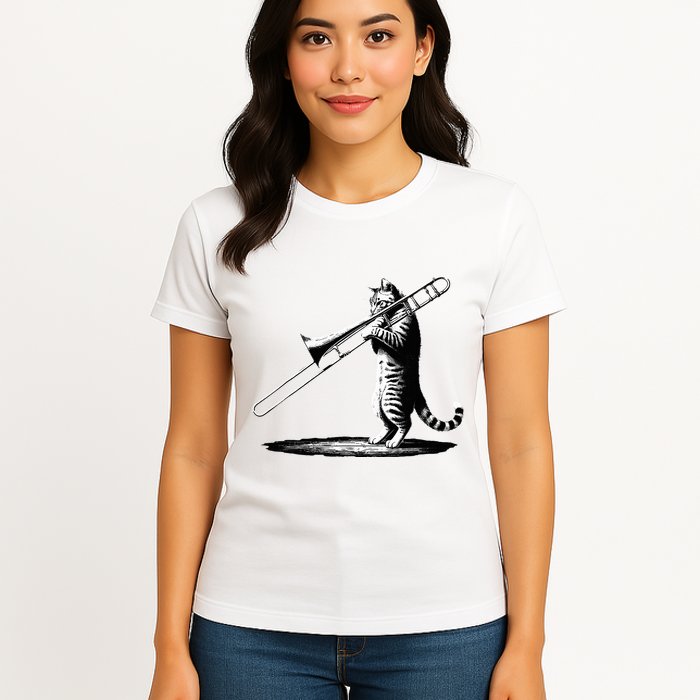 Cat Playing Trombone Player Trombonist Instrument Womens T-Shirt