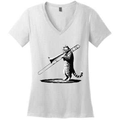 Cat Playing Trombone Player Trombonist Instrument Women's V-Neck T-Shirt