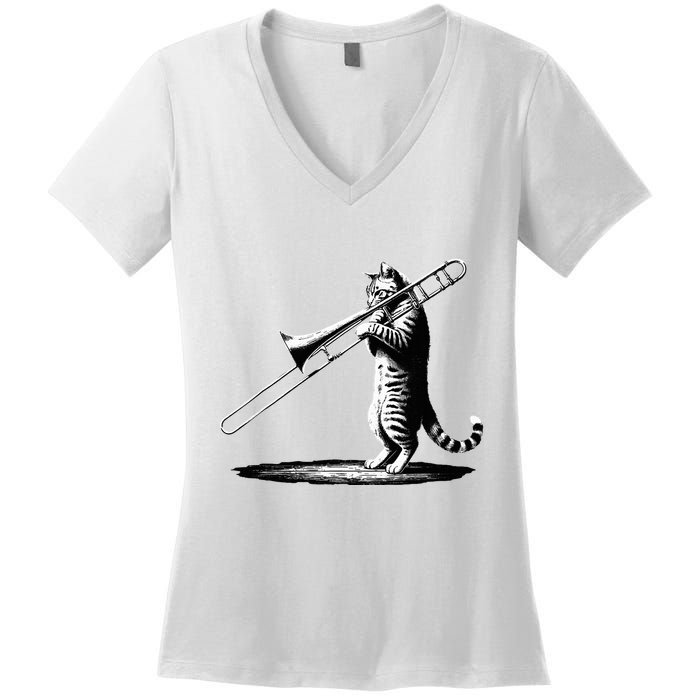 Cat Playing Trombone Player Trombonist Instrument Women's V-Neck T-Shirt
