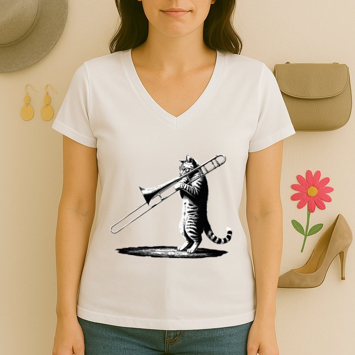 Cat Playing Trombone Player Trombonist Instrument Women's V-Neck T-Shirt