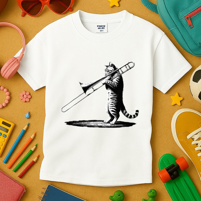 Cat Playing Trombone Player Trombonist Instrument Kids T-Shirt