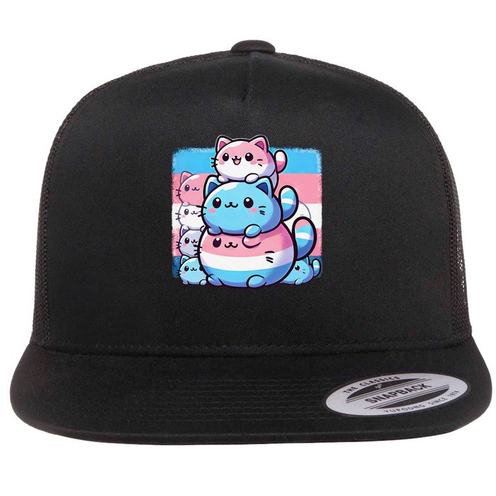 Cat Pile Trans Pride Transgender Day Of Visibility Flat Bill Trucker Hat