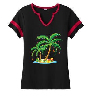 Christmas Palm Tree Tropical Xmas Gift Coconut Lights Pajama Ladies Halftime Notch Neck Tee