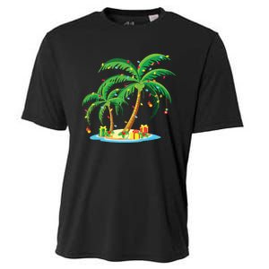 Christmas Palm Tree Tropical Xmas Gift Coconut Lights Pajama Cooling Performance Crew T-Shirt