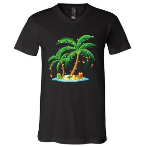 Christmas Palm Tree Tropical Xmas Gift Coconut Lights Pajama V-Neck T-Shirt