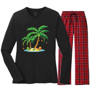 Christmas Palm Tree Tropical Xmas Gift Coconut Lights Pajama Women's Long Sleeve Flannel Pajama Set 