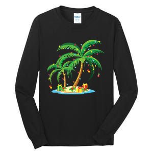 Christmas Palm Tree Tropical Xmas Gift Coconut Lights Pajama Tall Long Sleeve T-Shirt