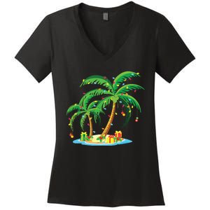 Christmas Palm Tree Tropical Xmas Gift Coconut Lights Pajama Women's V-Neck T-Shirt