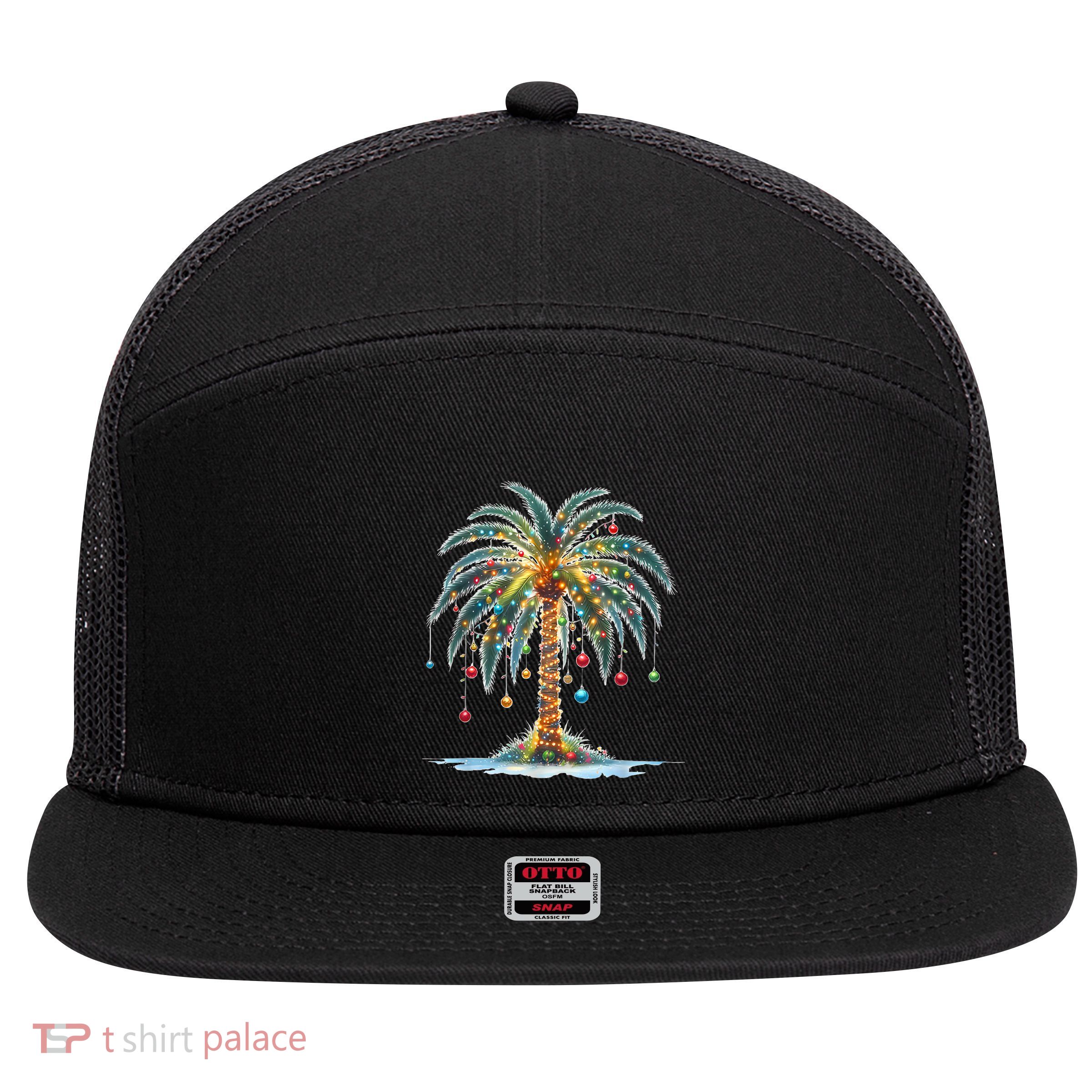 Christmas Palm Tree Print 7 Panel Mesh Trucker Snapback Hat